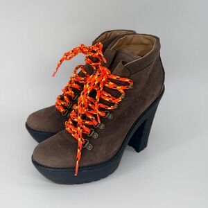 Polo Ralph Lauren Brown Suede Platform Hiking Boots Orange Laces Womens 38 B